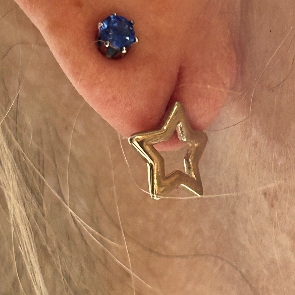 Gold Star Earrings with Blue Gemstone